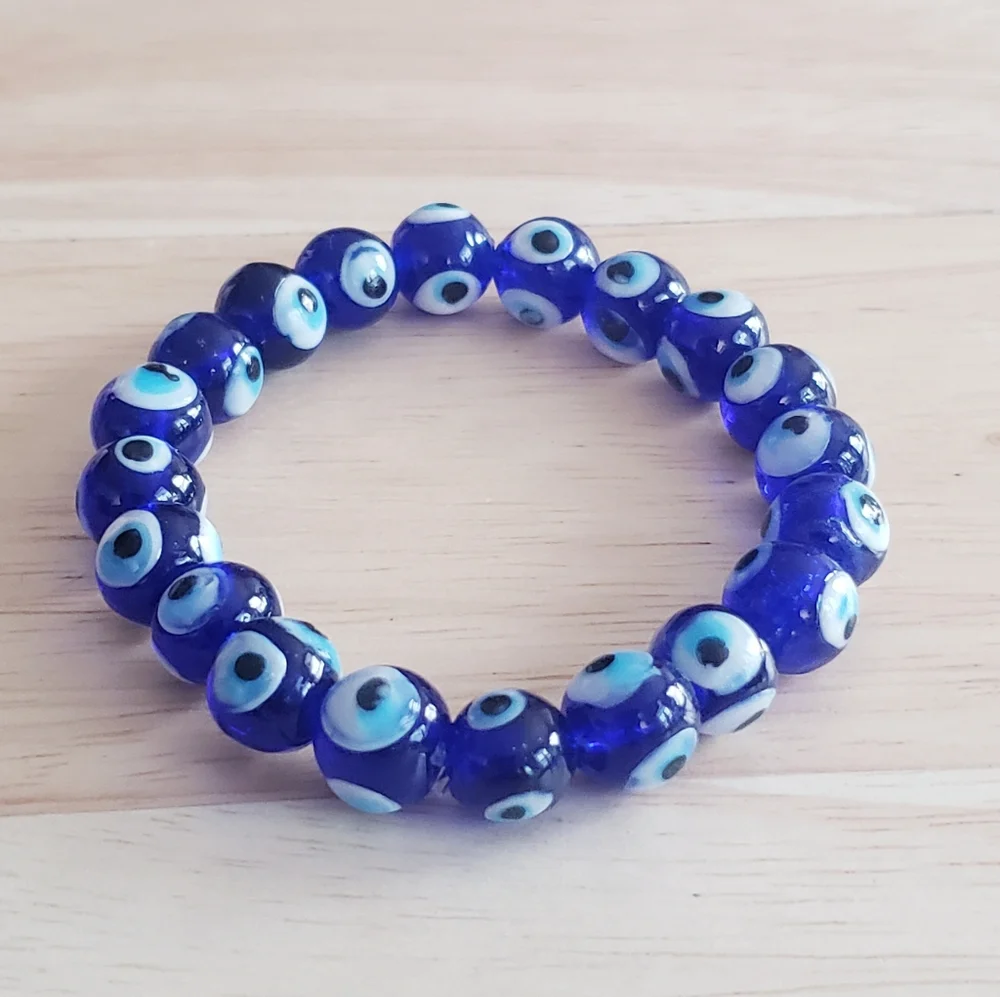 Glass Blue Evil Eye Stretchy Beaded Bracelet